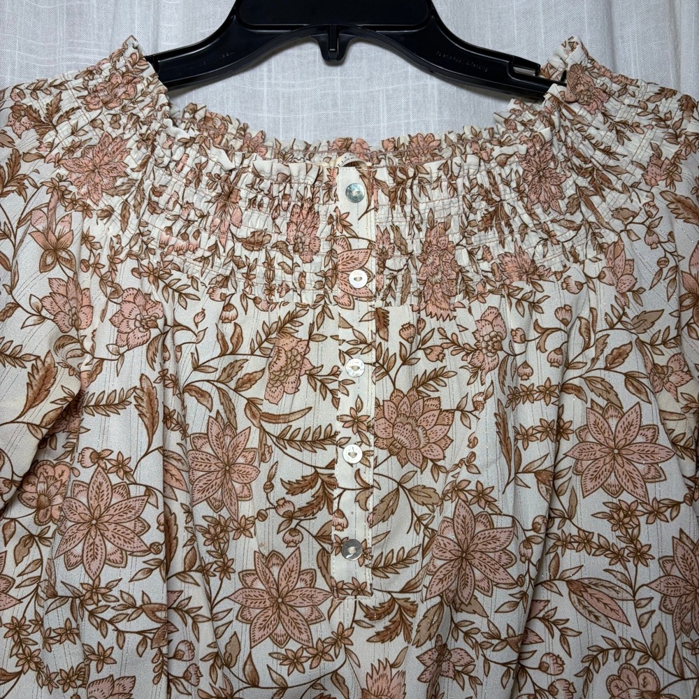 Lovestitch Dress Womens Medium Cream Floral Boho Off Shoulder Smocked Mini Lurex - Picture 5 of 7